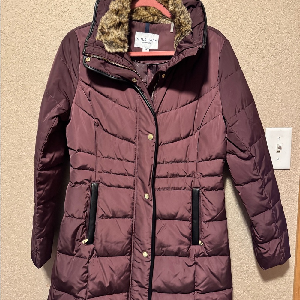 Cole Haan Women's Merlot Puffer Jacket with Faux Fur Hood